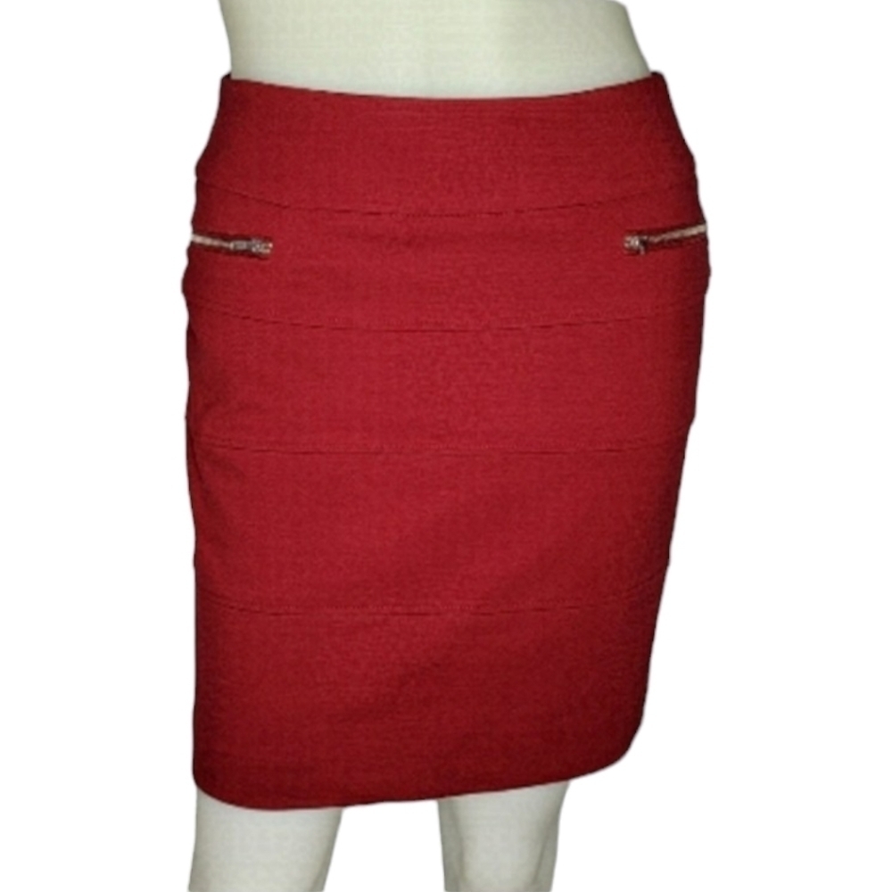 Reitmans | Red Midi Length Pencil Skirt with Zipper Pockets